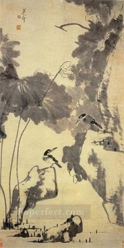  antigua Pintura - loto y pájaros tinta china antigua